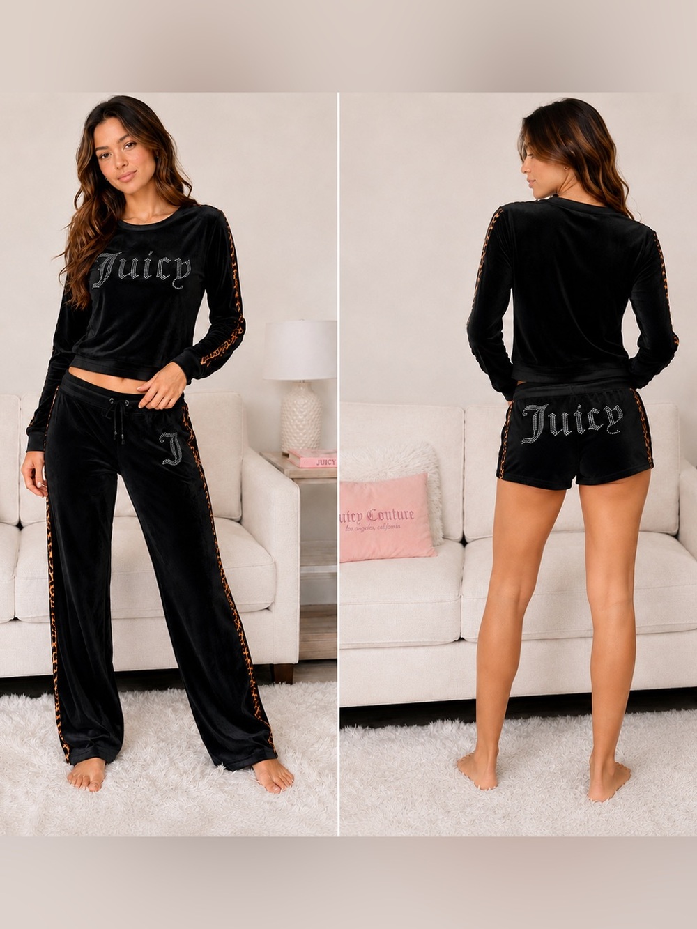 Juicy Couture 3pc Black Velour Pajama Lounge Set with Leopard Trim